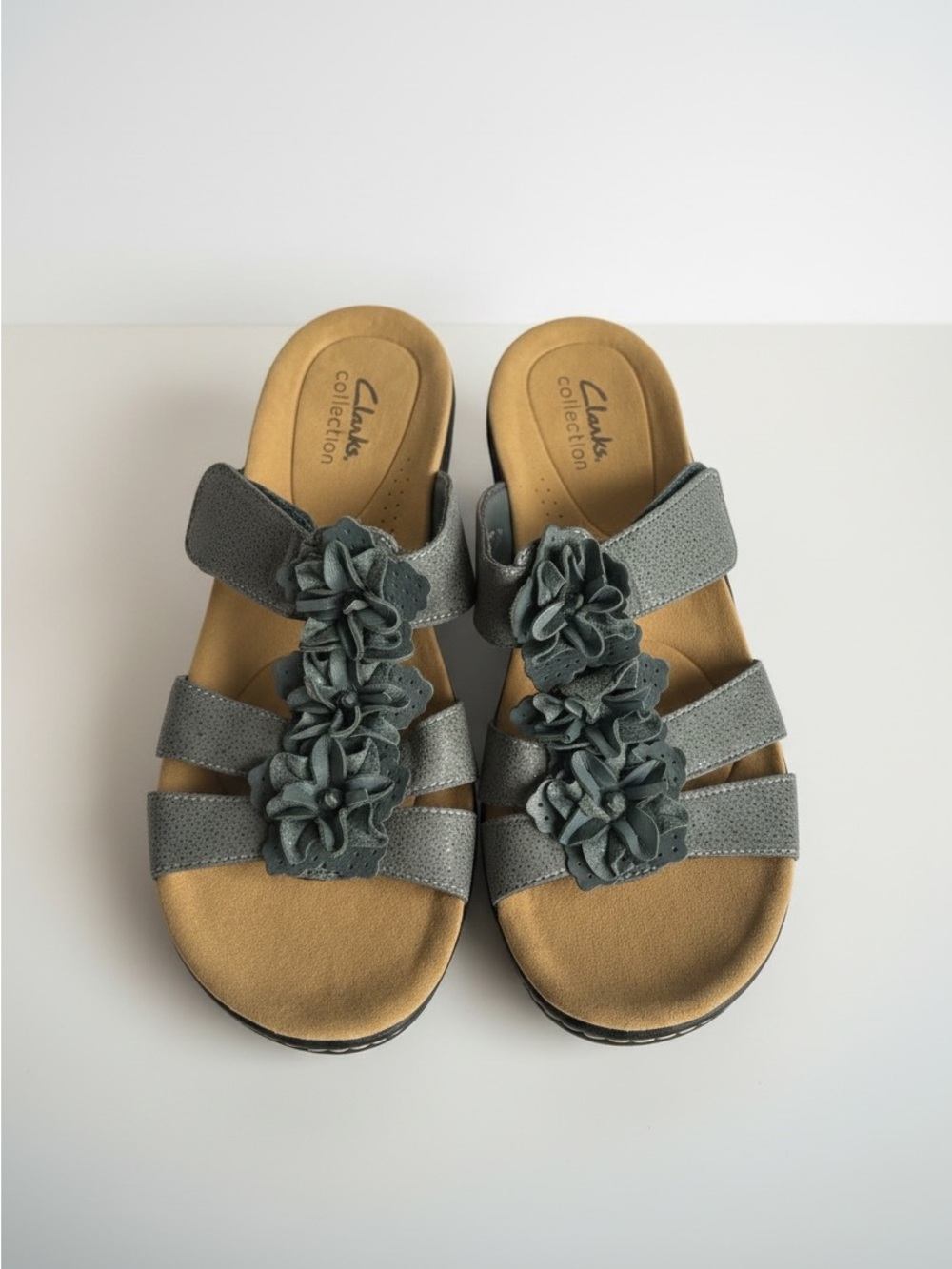Clarks Collection Floral Slide Sandals Women’s Blue Gray Comfort Sandals